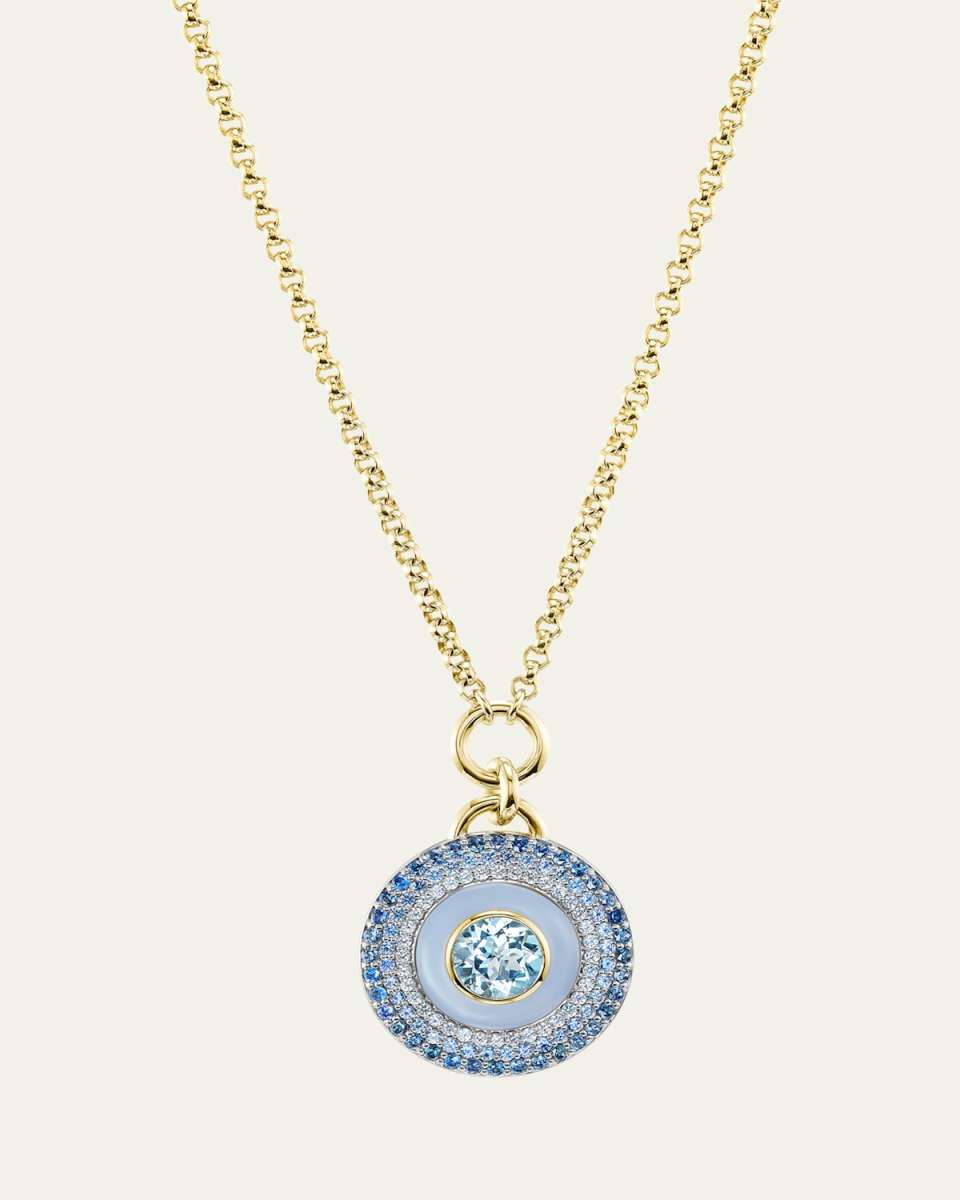 18K Air Medallion Necklace with Blue Lace Agate, Aquamarine and Sapphires